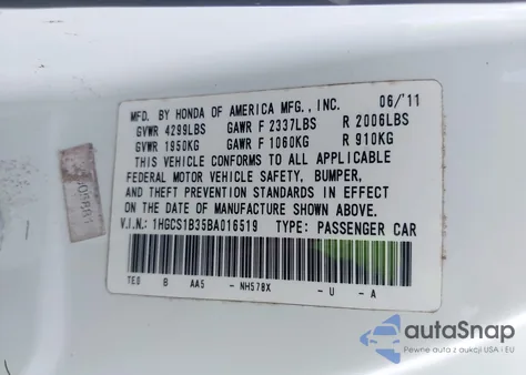 2011 Honda Accord 2.4 Lx-S z USA, uszkodzony, nr VIN 1HGCS1B35BA016519